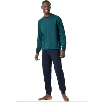 Schiesser Essential Nightwear Pyjamas Crew Neck Blå/Grön bomull Medium Herr Rabatter