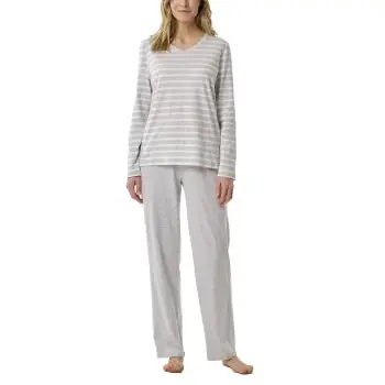 Schiesser Women Straight Leg Long Pyjama Vit/Grå bomull 42 Dam Expressleverans